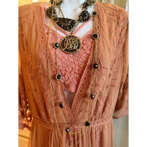 3 Vintage Gold-Tone Monogram Necklace & Clip-On Earrings Abalone Shell Black Fac